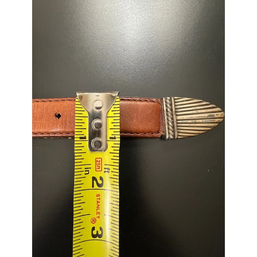 Vintage Western Brown Leather Braided Belt Silver Engraved Buckle‎ Tip Boho 40